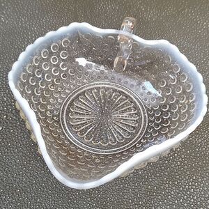 Vintage Anchor Hocking Moonstone Clear Opalescent Hobnail Nappy Dish with Handle